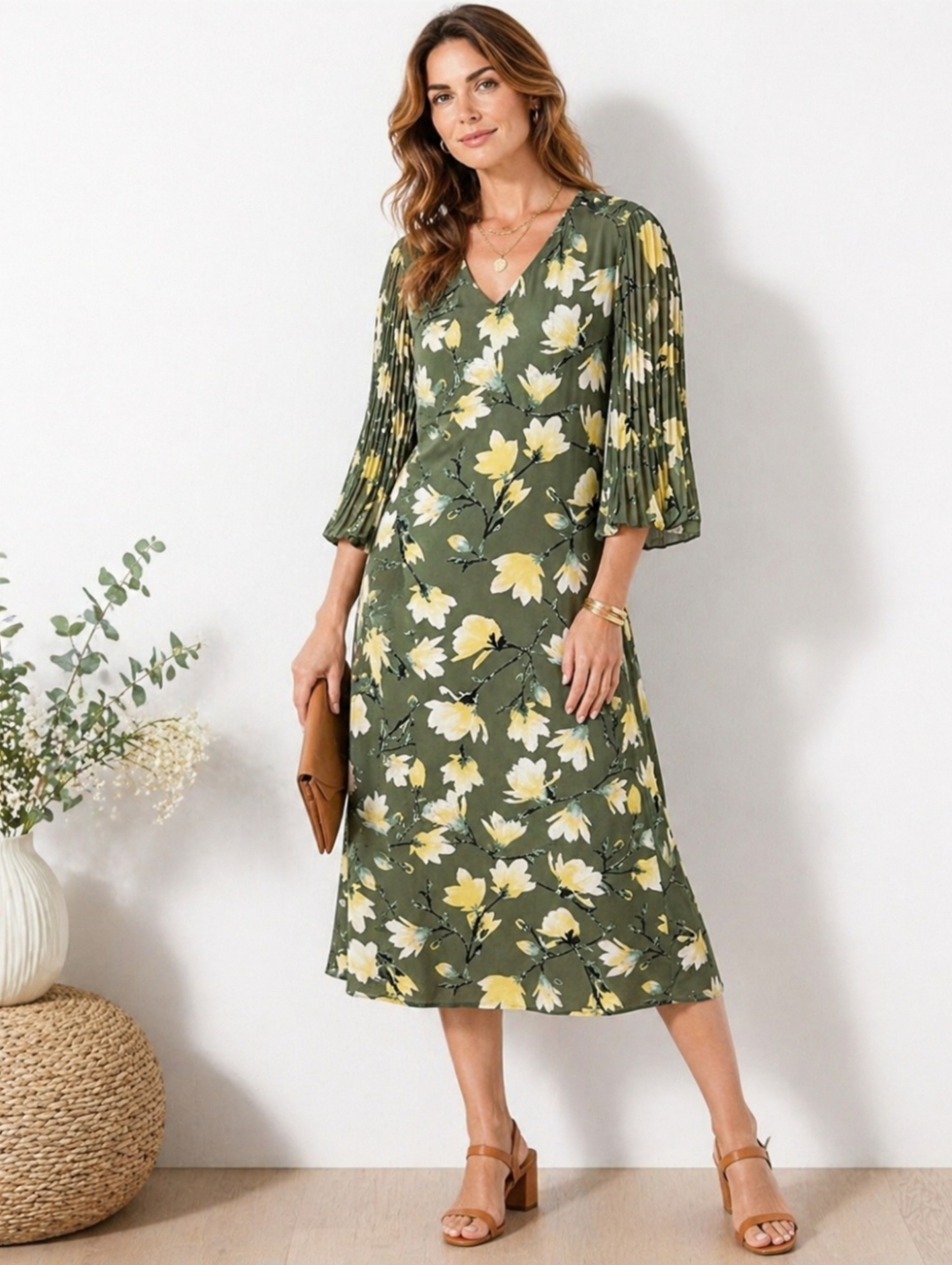 Cato Green Floral Midi Dress 14/16W 1X Pleated Sleeve V-Neck Shift Boho Spring